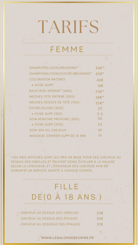 Tarifs coiffure femme et fille