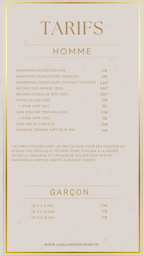 Tarifs coiffure homme et garçon